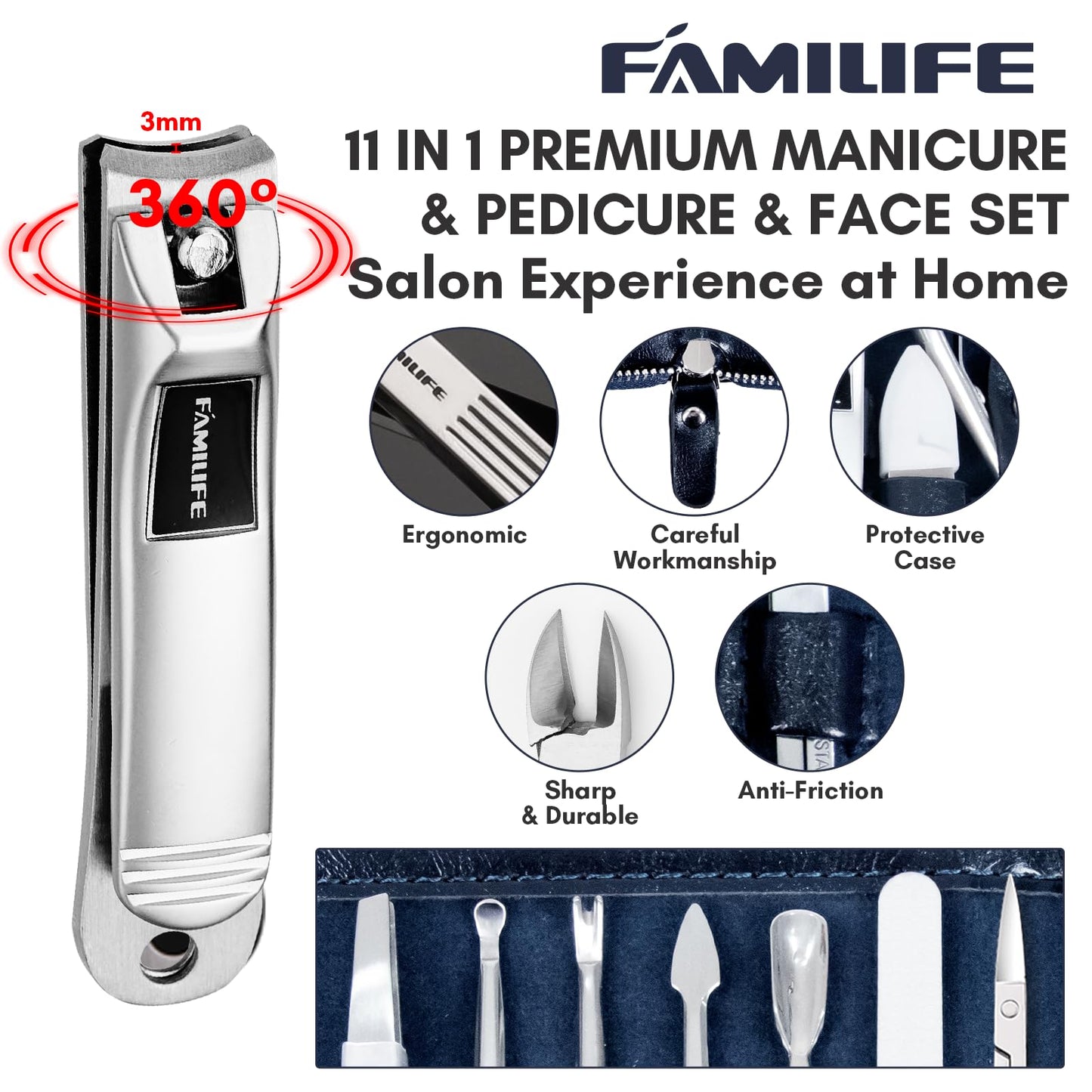 FAMILIFE Manicure Set, Nail Clippers Set Professional Manicure Kit 11 in 1 Stainless Steel Pedicure Tools Nail Kit Mens Grooming Kit with Portable Leather Travel Case Dark Violet Birthday Gifts