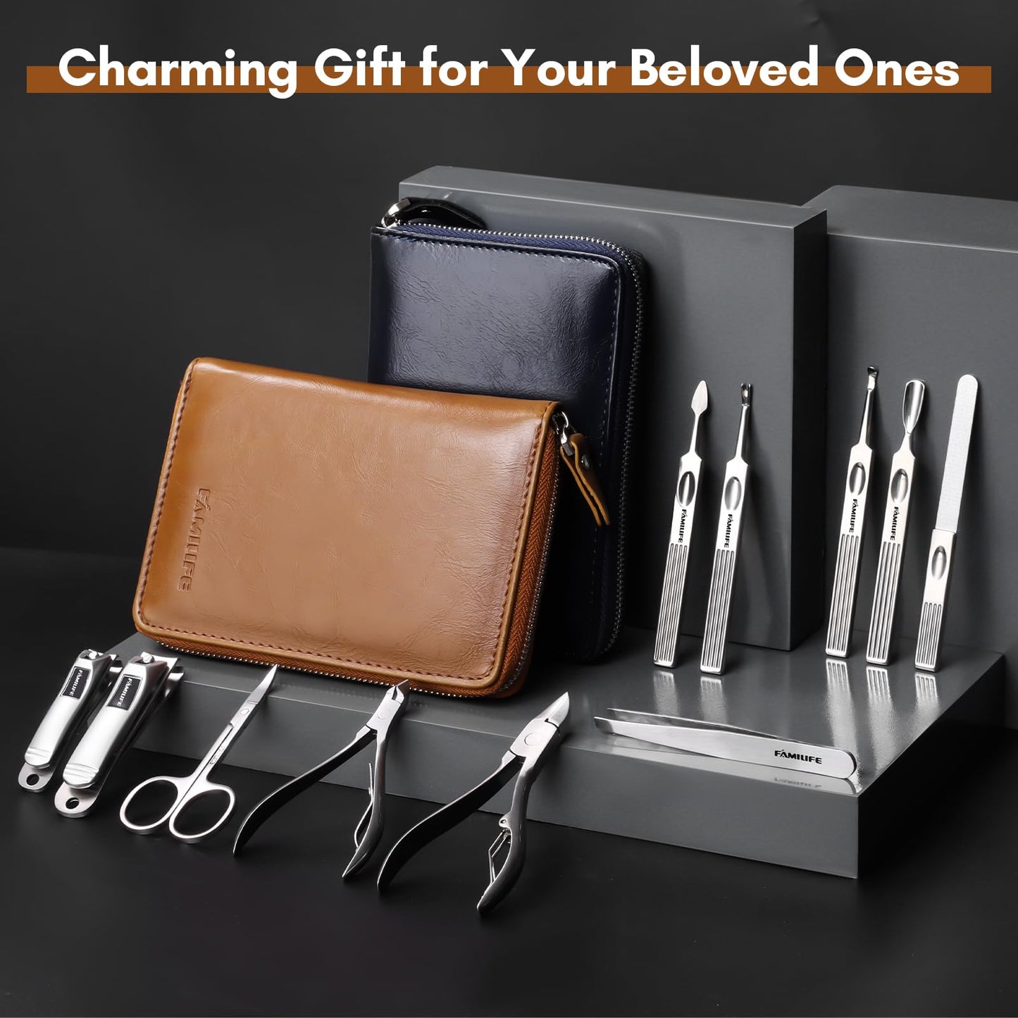 FAMILIFE Manicure Set, Nail Clippers Set Professional Manicure Kit 11 in 1 Stainless Steel Pedicure Tools Nail Kit Mens Grooming Kit with Portable Leather Travel Case Dark Violet Birthday Gifts