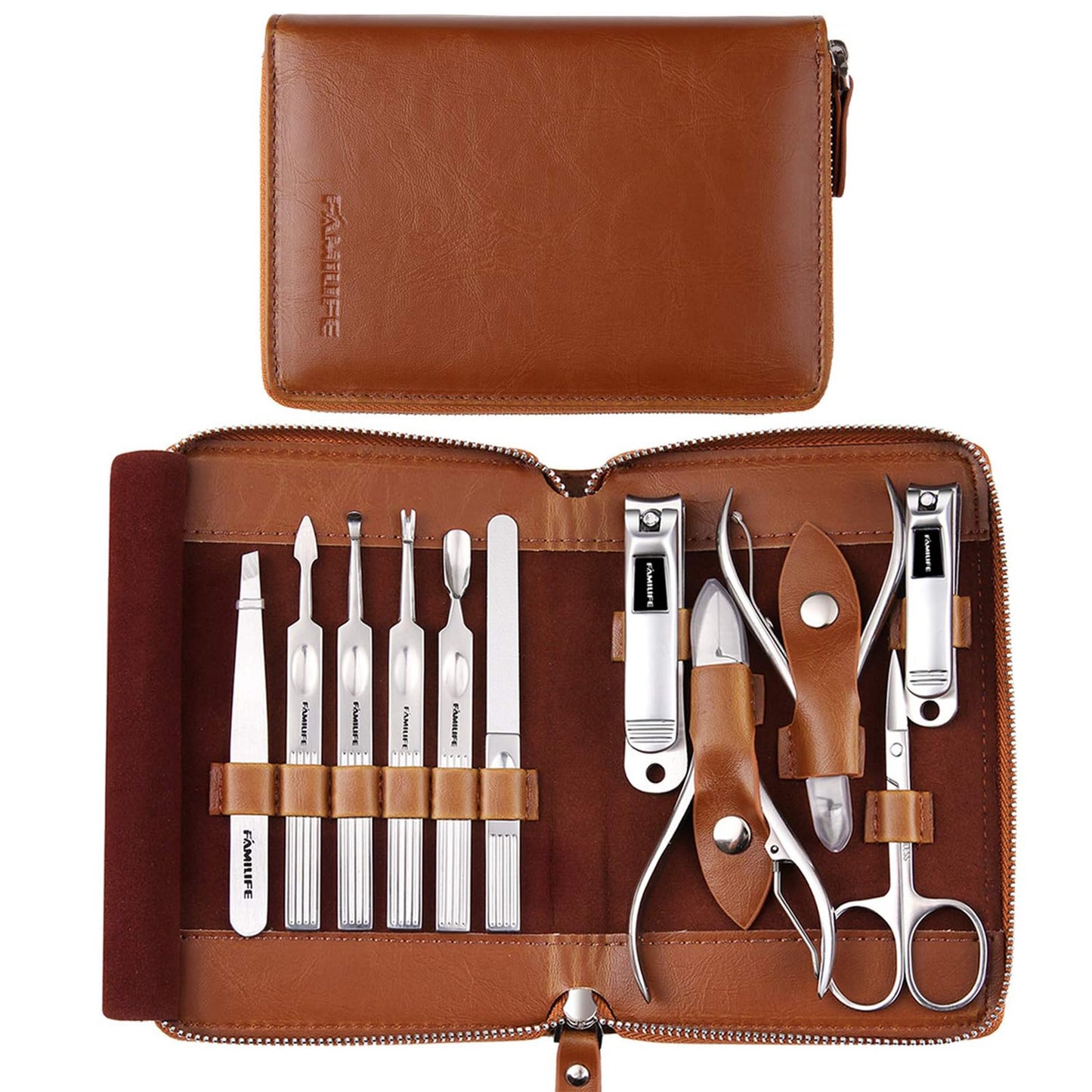 FAMILIFE Manicure Set, Nail Clippers Set Professional Manicure Kit 11 in 1 Stainless Steel Pedicure Tools Nail Kit Mens Grooming Kit with Portable Leather Travel Case Dark Violet Birthday Gifts