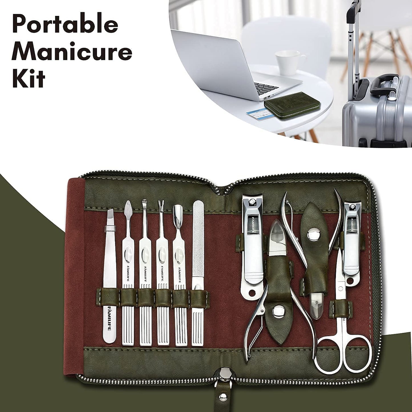 FAMILIFE Manicure Set, Nail Clippers Set Professional Manicure Kit 11 in 1 Stainless Steel Pedicure Tools Nail Kit Mens Grooming Kit with Portable Leather Travel Case Dark Violet Birthday Gifts