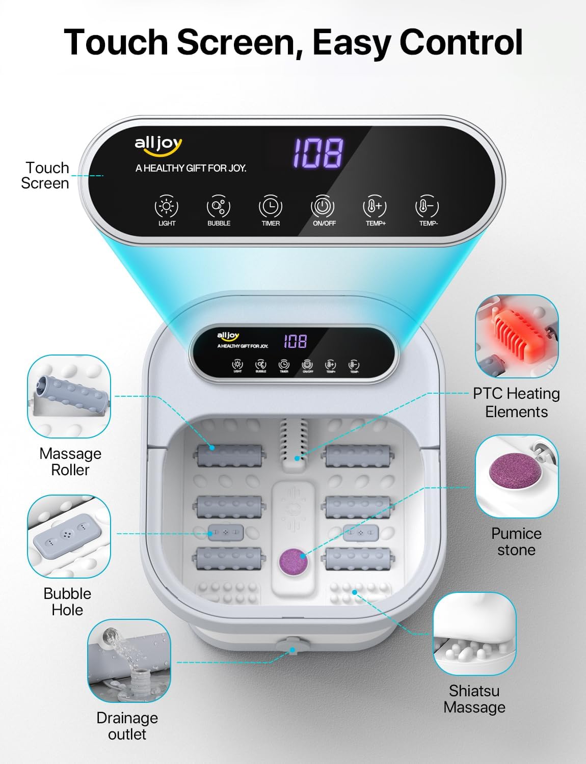 ALLJOY Foot Spa Bath Massager with Heat, Collapsible Foot Massager Spa Soaking Tub with Bubbles, Pumice Stone, Timer, 6 Shiatsu Massage Rollers Pedicure Foot Spa for Relaxation, Gifts