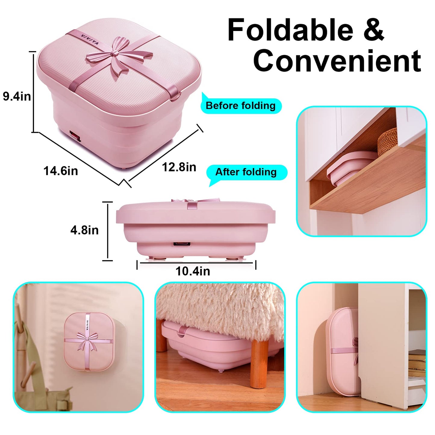 Collapsible Foot Bath Spa with Heat and Massage Rollers, Foldable Foot Soak Tub with Bubbles Jets and LED Light, Pedicure Foot Spa Massager with Foot Scrubber for Home Use (Pink)