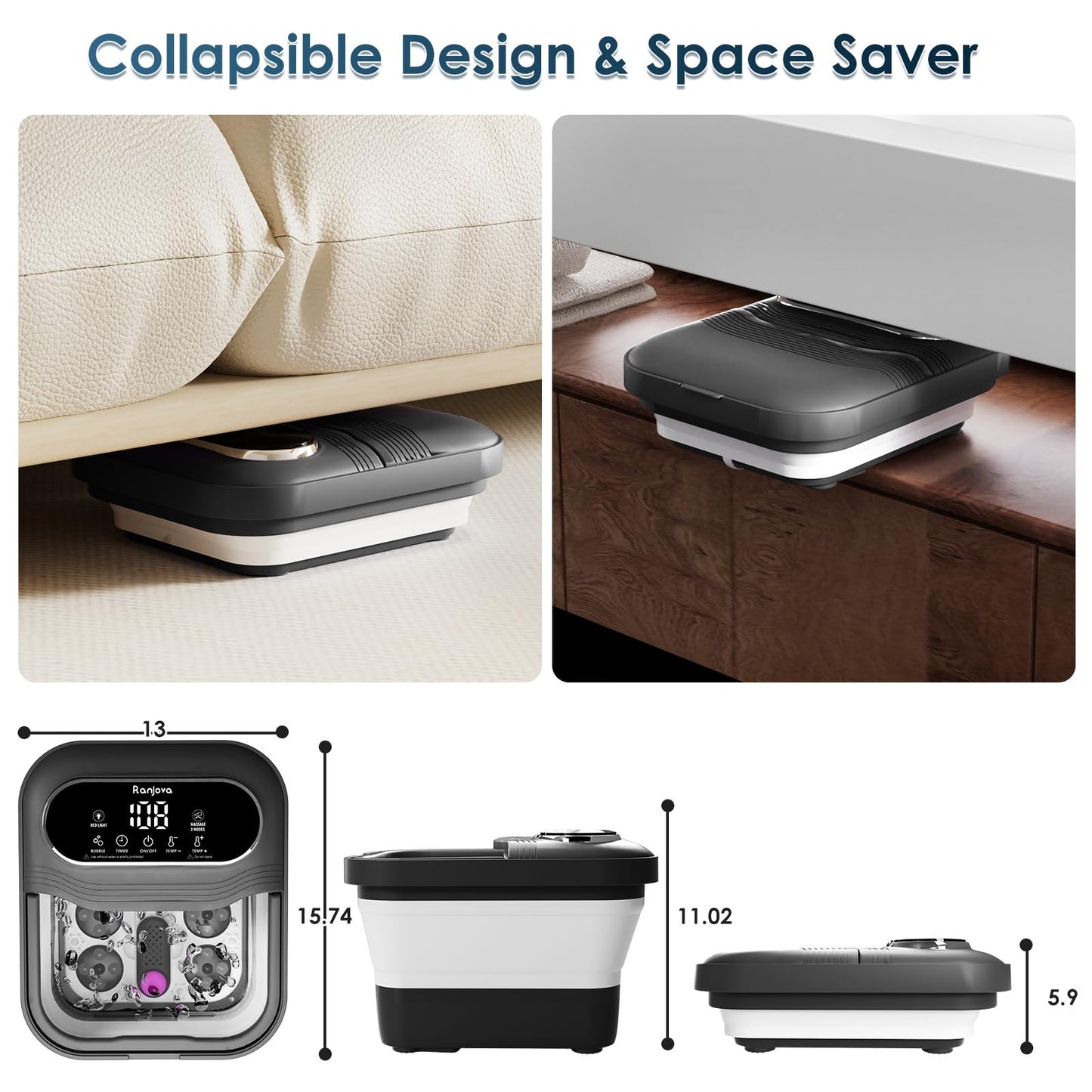 Collapsible Foot Spa Electric Rotary, Foot Bath with Heat, Bubble,Temp Control, and 24 Motorized Shiatsu Massage Balls, Pedicure Foot Spa Tub for Stress Relief (Black)