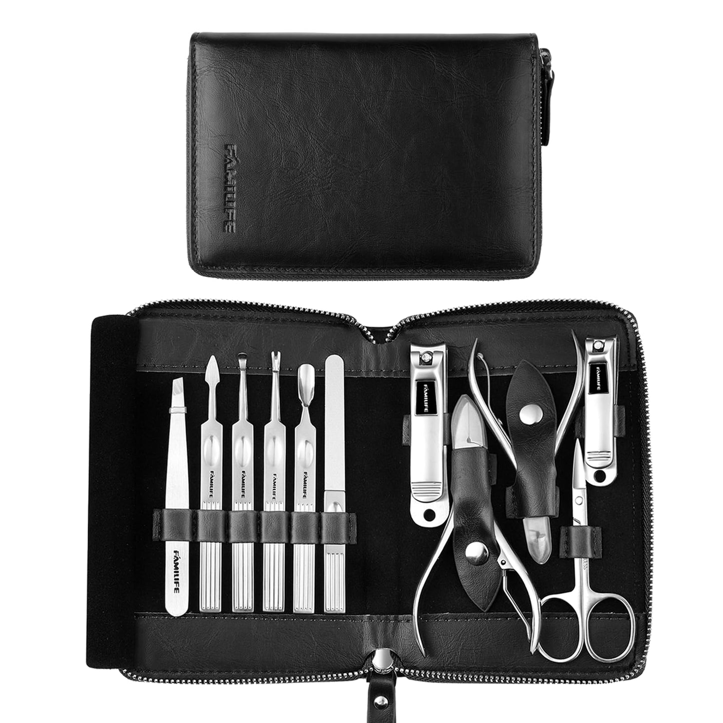 FAMILIFE Manicure Set, Nail Clippers Set Professional Manicure Kit 11 in 1 Stainless Steel Pedicure Tools Nail Kit Mens Grooming Kit with Portable Leather Travel Case Dark Violet Birthday Gifts
