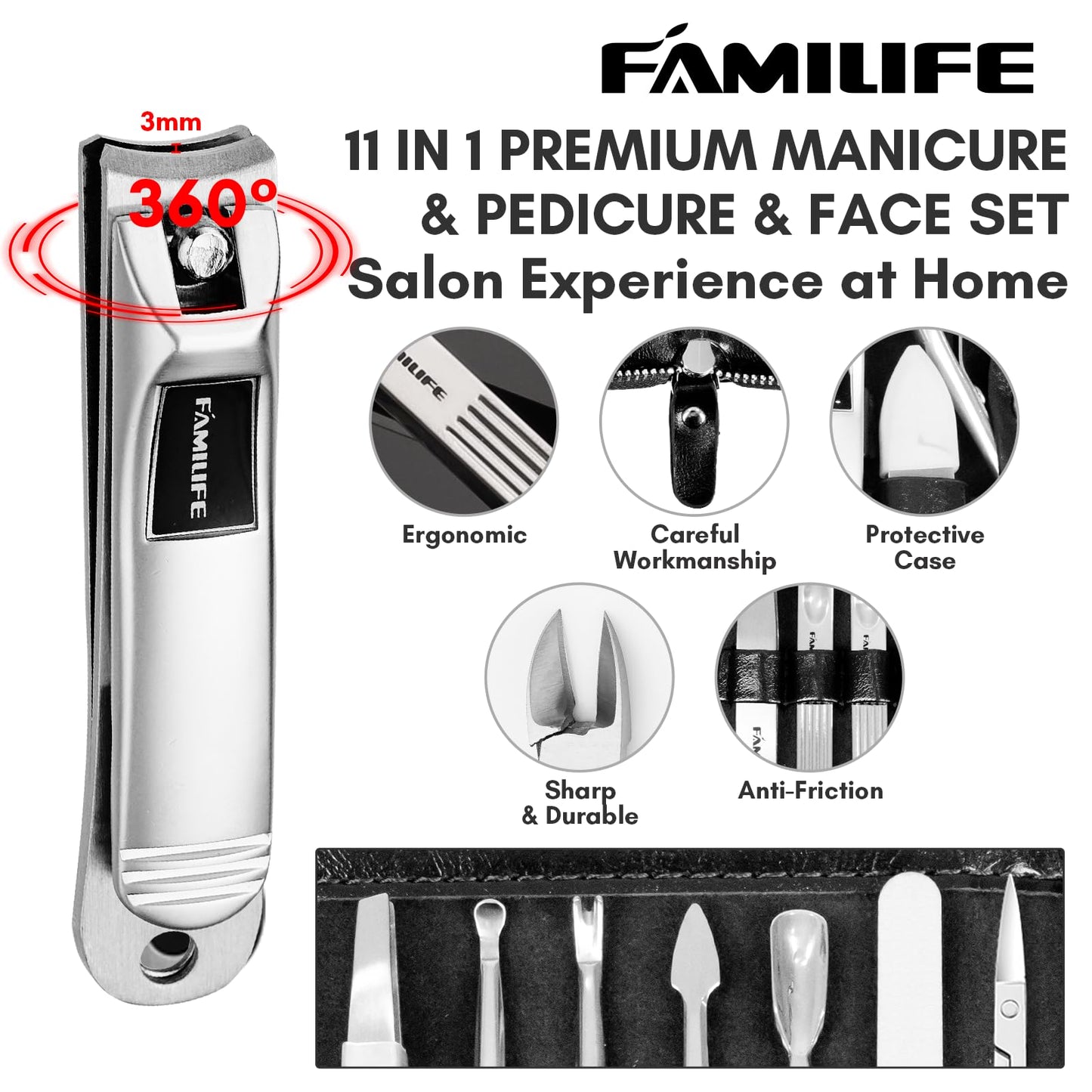 FAMILIFE Manicure Set, Nail Clippers Set Professional Manicure Kit 11 in 1 Stainless Steel Pedicure Tools Nail Kit Mens Grooming Kit with Portable Leather Travel Case Dark Violet Birthday Gifts