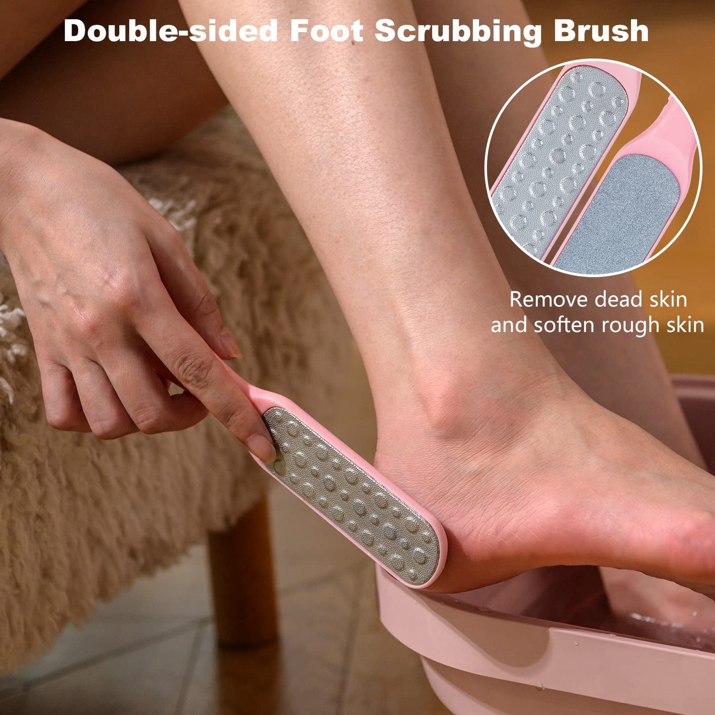 Collapsible Foot Bath Spa with Heat and Massage Rollers, Foldable Foot Soak Tub with Bubbles Jets and LED Light, Pedicure Foot Spa Massager with Foot Scrubber for Home Use (Pink)