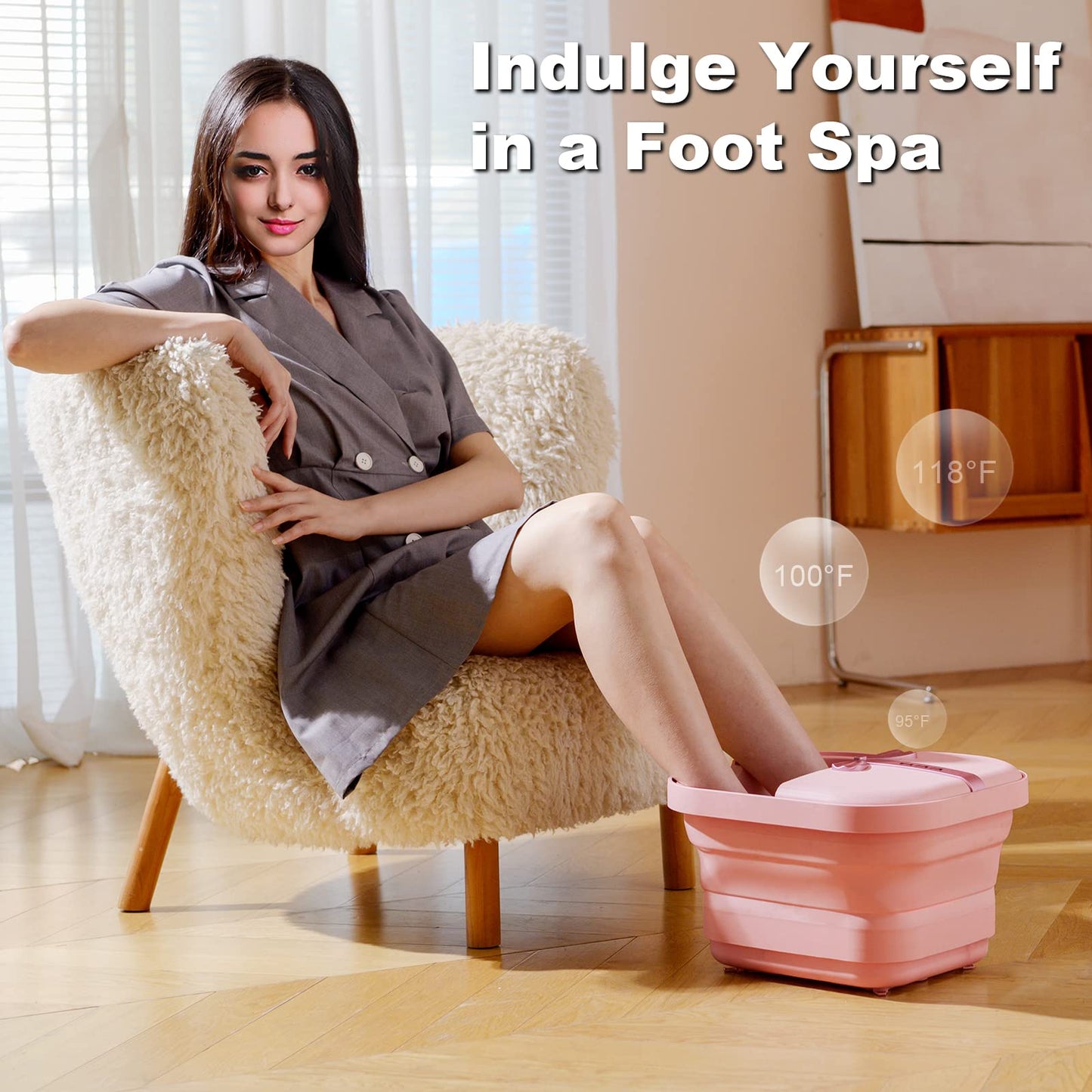 Collapsible Foot Bath Spa with Heat and Massage Rollers, Foldable Foot Soak Tub with Bubbles Jets and LED Light, Pedicure Foot Spa Massager with Foot Scrubber for Home Use (Pink)