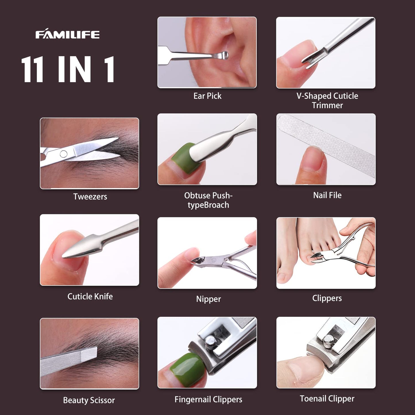 FAMILIFE Manicure Set, Nail Clippers Set Professional Manicure Kit 11 in 1 Stainless Steel Pedicure Tools Nail Kit Mens Grooming Kit with Portable Leather Travel Case Dark Violet Birthday Gifts
