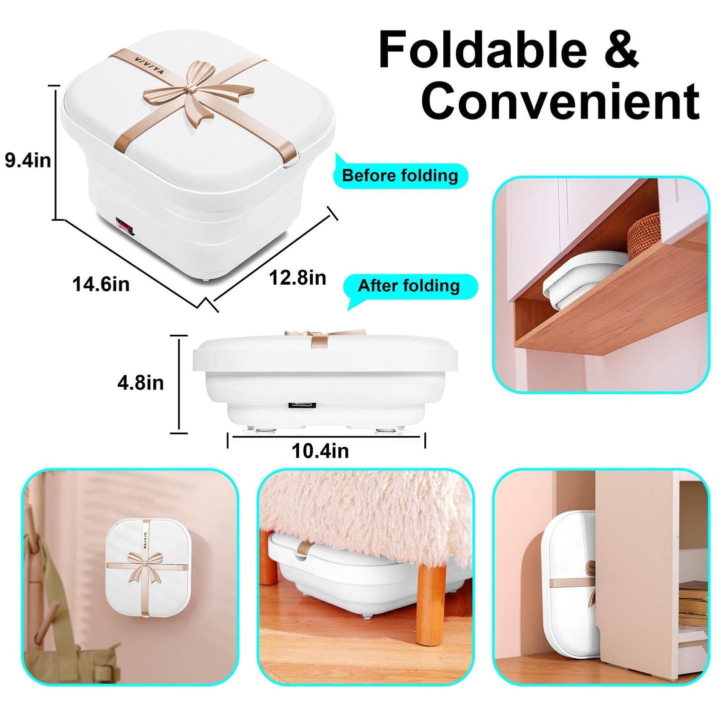 Collapsible Foot Bath Spa with Heat and Massage Rollers, Foldable Foot Soak Tub with Bubbles Jets and LED Light, Pedicure Foot Spa Massager with Foot Scrubber for Home Use (Pink)