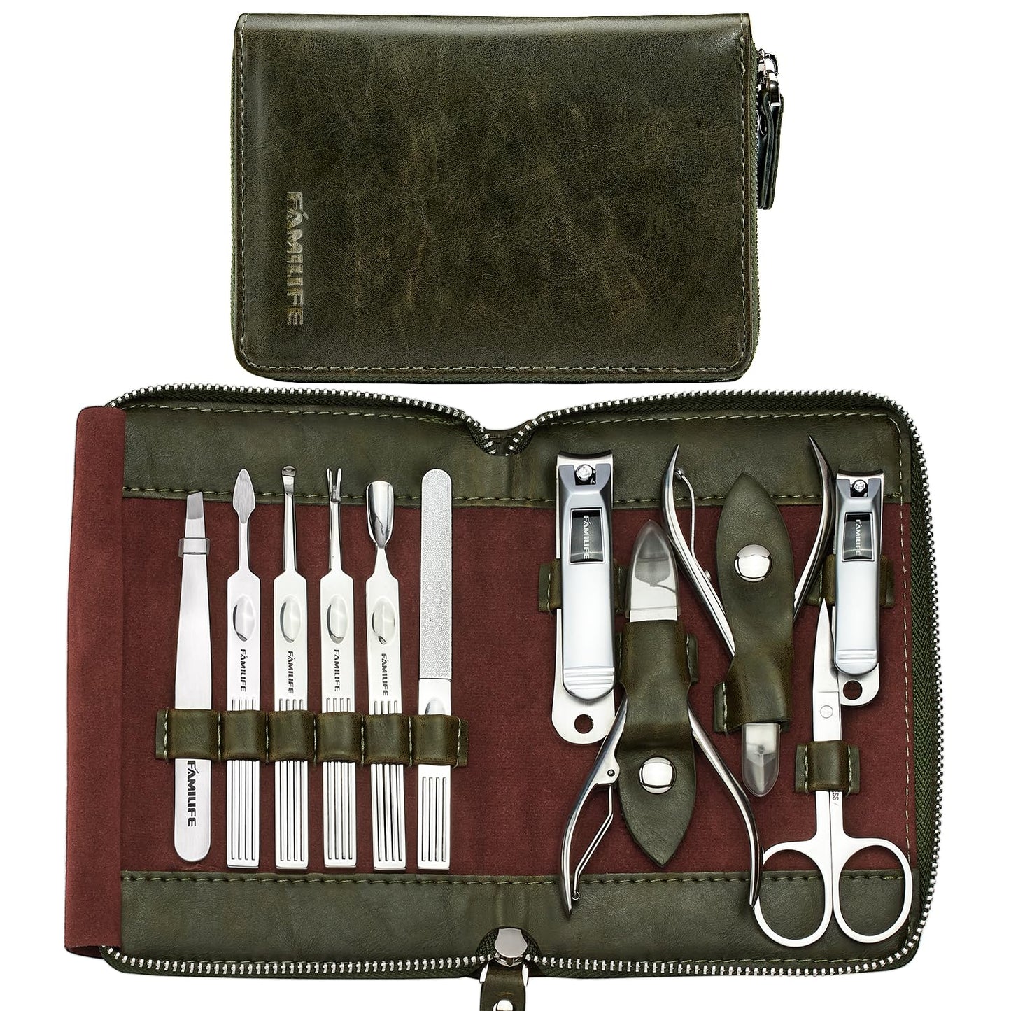 FAMILIFE Manicure Set, Nail Clippers Set Professional Manicure Kit 11 in 1 Stainless Steel Pedicure Tools Nail Kit Mens Grooming Kit with Portable Leather Travel Case Dark Violet Birthday Gifts