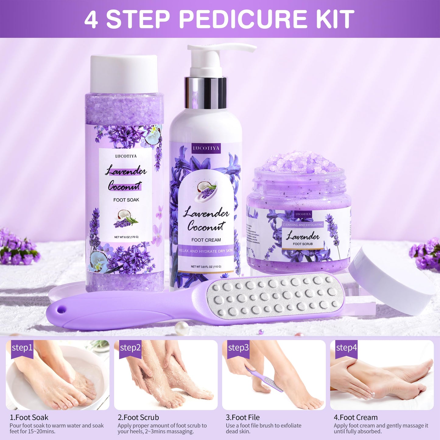 Foot Soak Set Feet Callus Remover Pedicure Set - Lavender Foot Soak Salts,Foot File,Foot Scrub & Urea Foot Cream Pedicure Supplies For Dry Cracked Feet Foot Spa Kit for Women