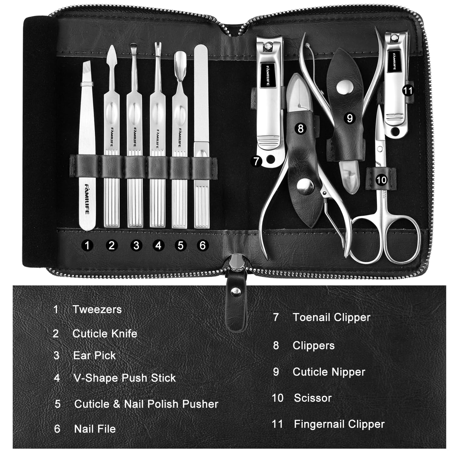 FAMILIFE Manicure Set, Nail Clippers Set Professional Manicure Kit 11 in 1 Stainless Steel Pedicure Tools Nail Kit Mens Grooming Kit with Portable Leather Travel Case Dark Violet Birthday Gifts