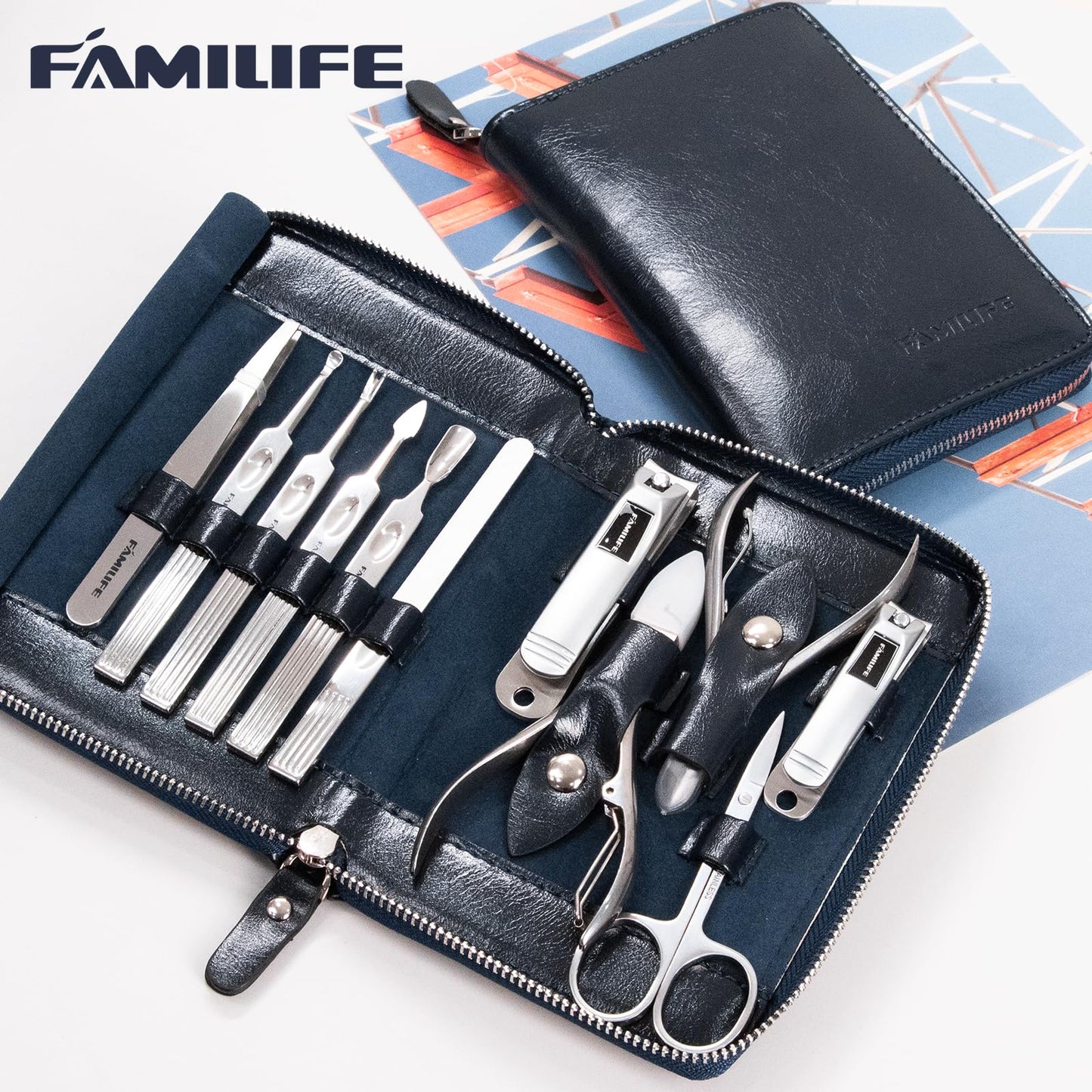 FAMILIFE Manicure Set, Nail Clippers Set Professional Manicure Kit 11 in 1 Stainless Steel Pedicure Tools Nail Kit Mens Grooming Kit with Portable Leather Travel Case Dark Violet Birthday Gifts