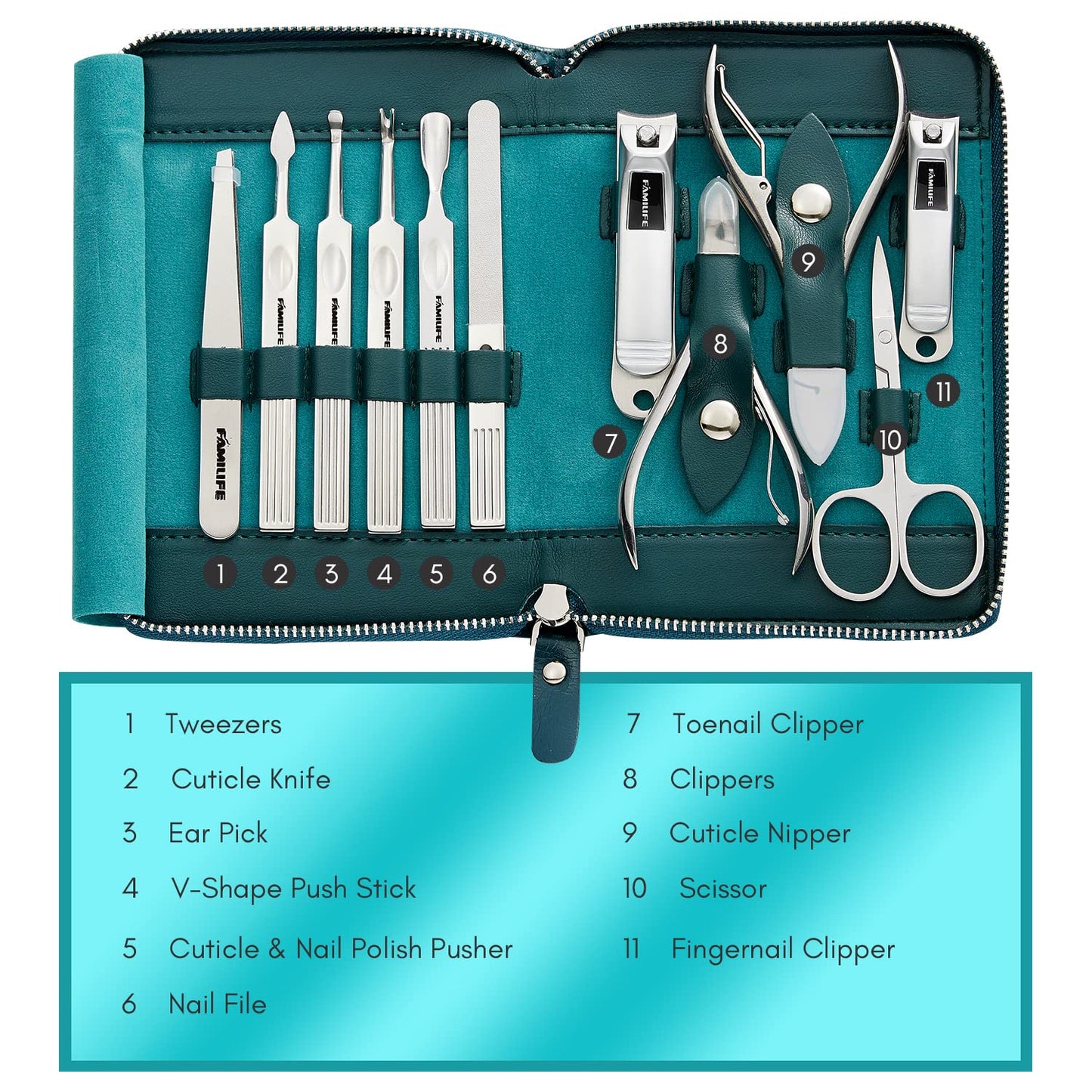 FAMILIFE Manicure Set, Nail Clippers Set Professional Manicure Kit 11 in 1 Stainless Steel Pedicure Tools Nail Kit Mens Grooming Kit with Portable Leather Travel Case Dark Violet Birthday Gifts