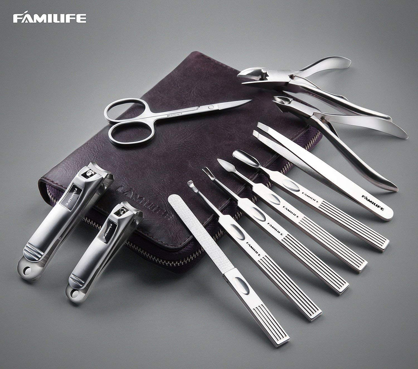 FAMILIFE Manicure Set, Nail Clippers Set Professional Manicure Kit 11 in 1 Stainless Steel Pedicure Tools Nail Kit Mens Grooming Kit with Portable Leather Travel Case Dark Violet Birthday Gifts