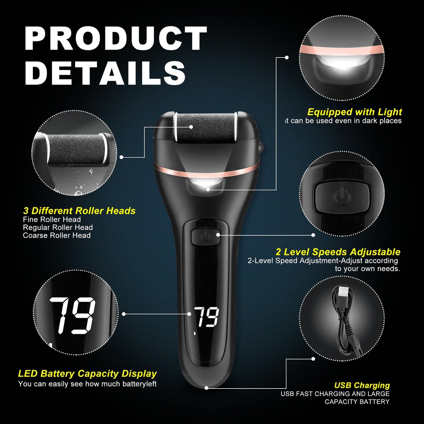 Electric Callus Remover for Feet, Rechargeable Portable Electronic Foot File Pedicure Kit, Waterproof Foot Scrubber File, Professional Pedicure Tools, Foot Care for Dead Skin Ideal Gift, 3 Rollers