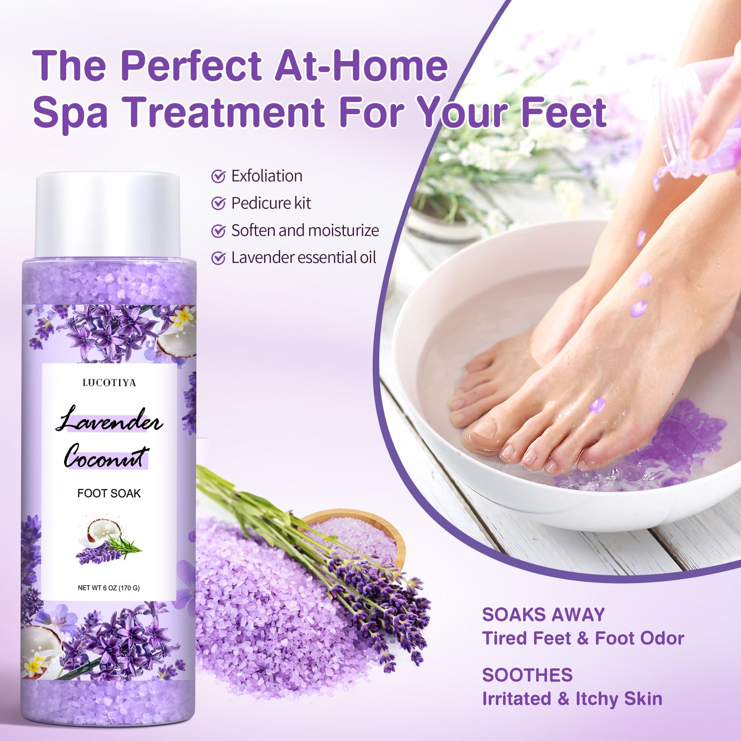 Foot Soak Set Feet Callus Remover Pedicure Set - Lavender Foot Soak Salts,Foot File,Foot Scrub & Urea Foot Cream Pedicure Supplies For Dry Cracked Feet Foot Spa Kit for Women