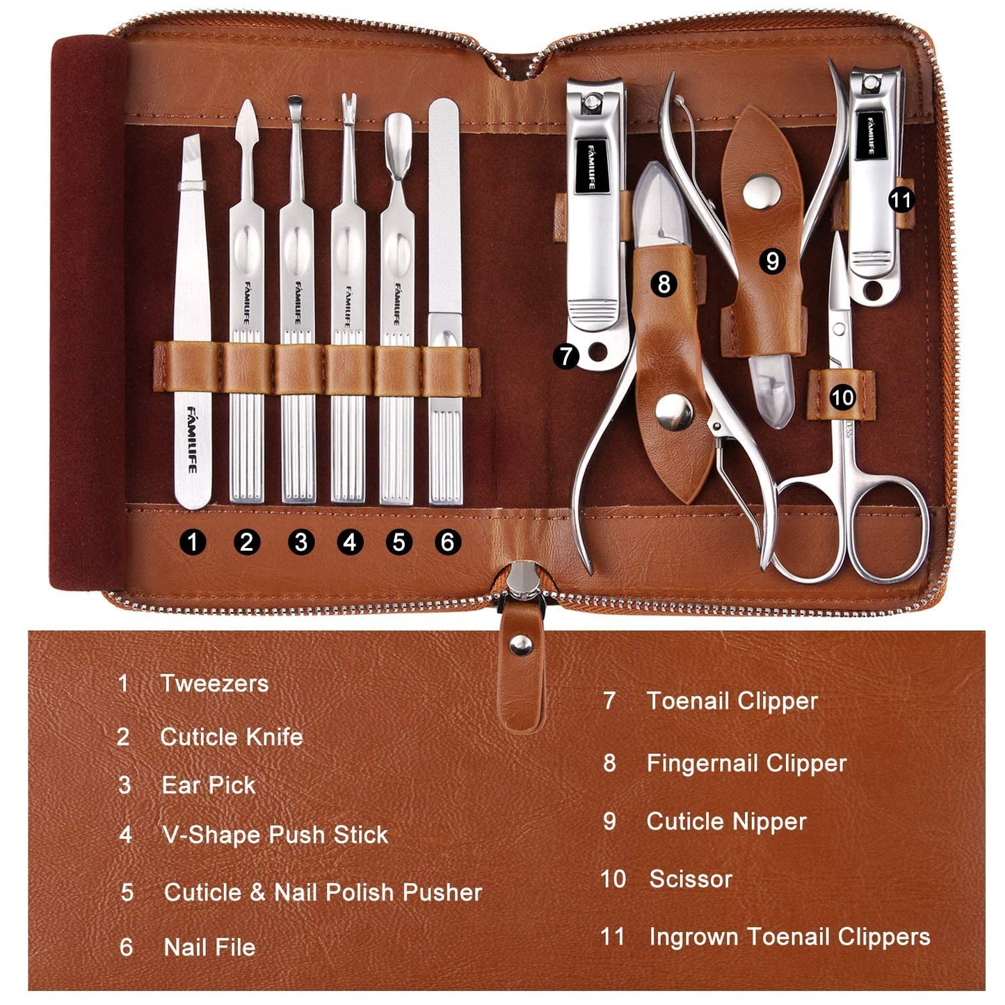 FAMILIFE Manicure Set, Nail Clippers Set Professional Manicure Kit 11 in 1 Stainless Steel Pedicure Tools Nail Kit Mens Grooming Kit with Portable Leather Travel Case Dark Violet Birthday Gifts