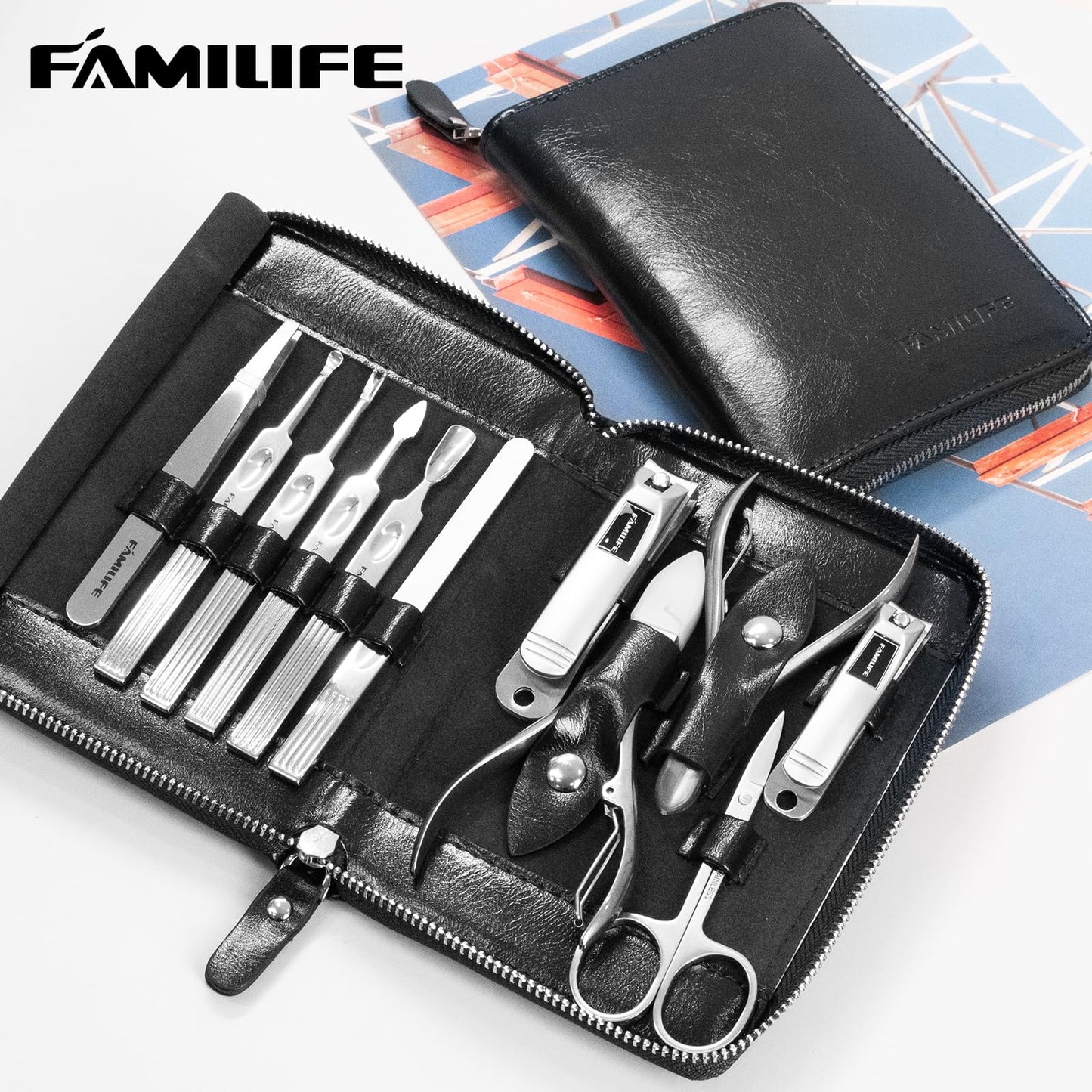 FAMILIFE Manicure Set, Nail Clippers Set Professional Manicure Kit 11 in 1 Stainless Steel Pedicure Tools Nail Kit Mens Grooming Kit with Portable Leather Travel Case Dark Violet Birthday Gifts