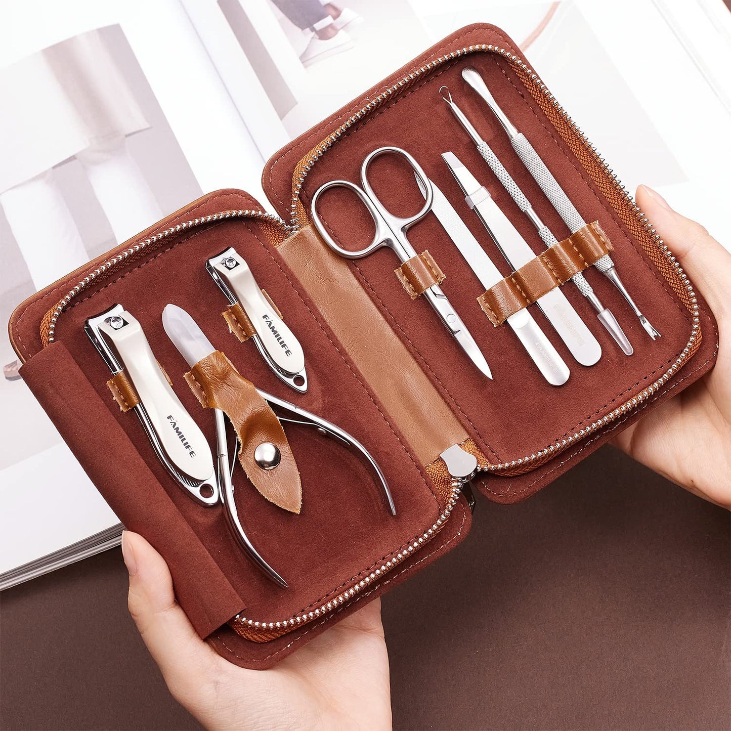 FAMILIFE Manicure Set, Nail Clippers Set Professional Manicure Kit 11 in 1 Stainless Steel Pedicure Tools Nail Kit Mens Grooming Kit with Portable Leather Travel Case Dark Violet Birthday Gifts