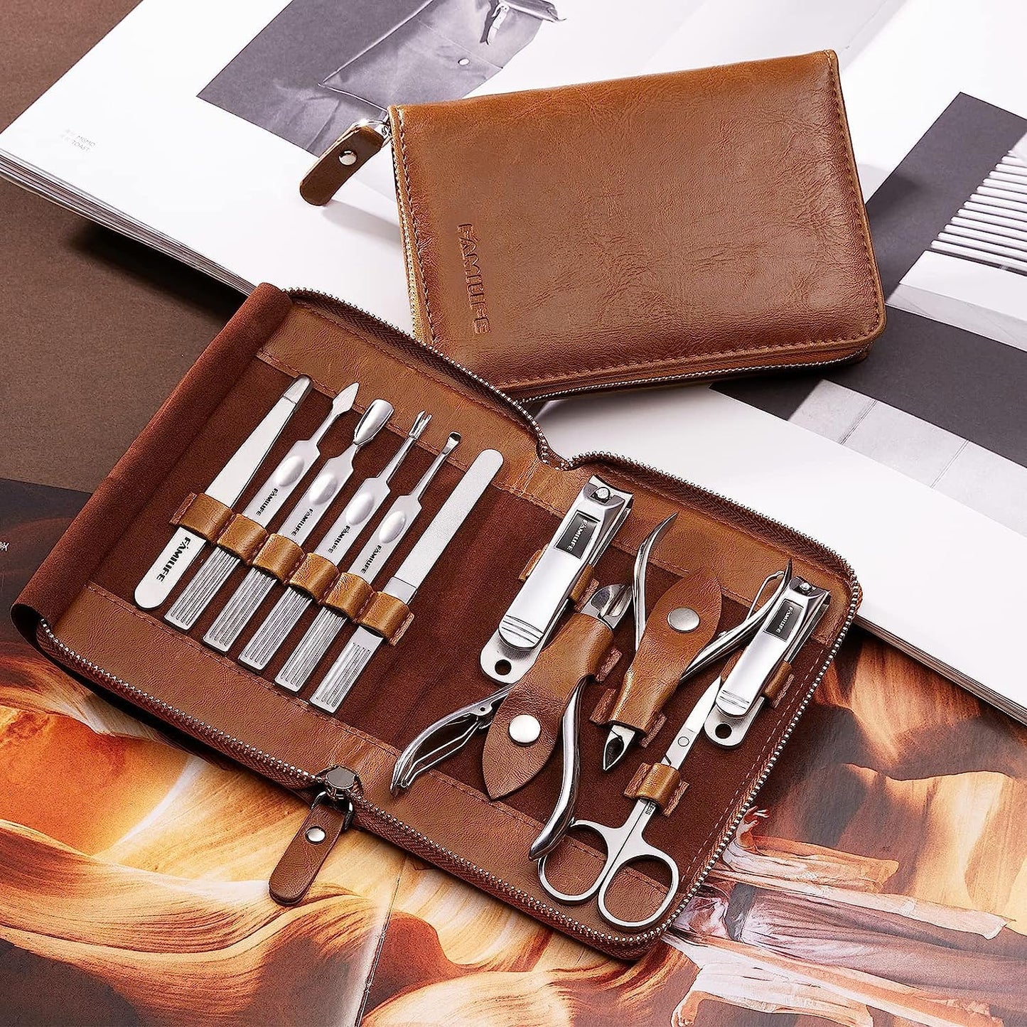 FAMILIFE Manicure Set, Nail Clippers Set Professional Manicure Kit 11 in 1 Stainless Steel Pedicure Tools Nail Kit Mens Grooming Kit with Portable Leather Travel Case Dark Violet Birthday Gifts