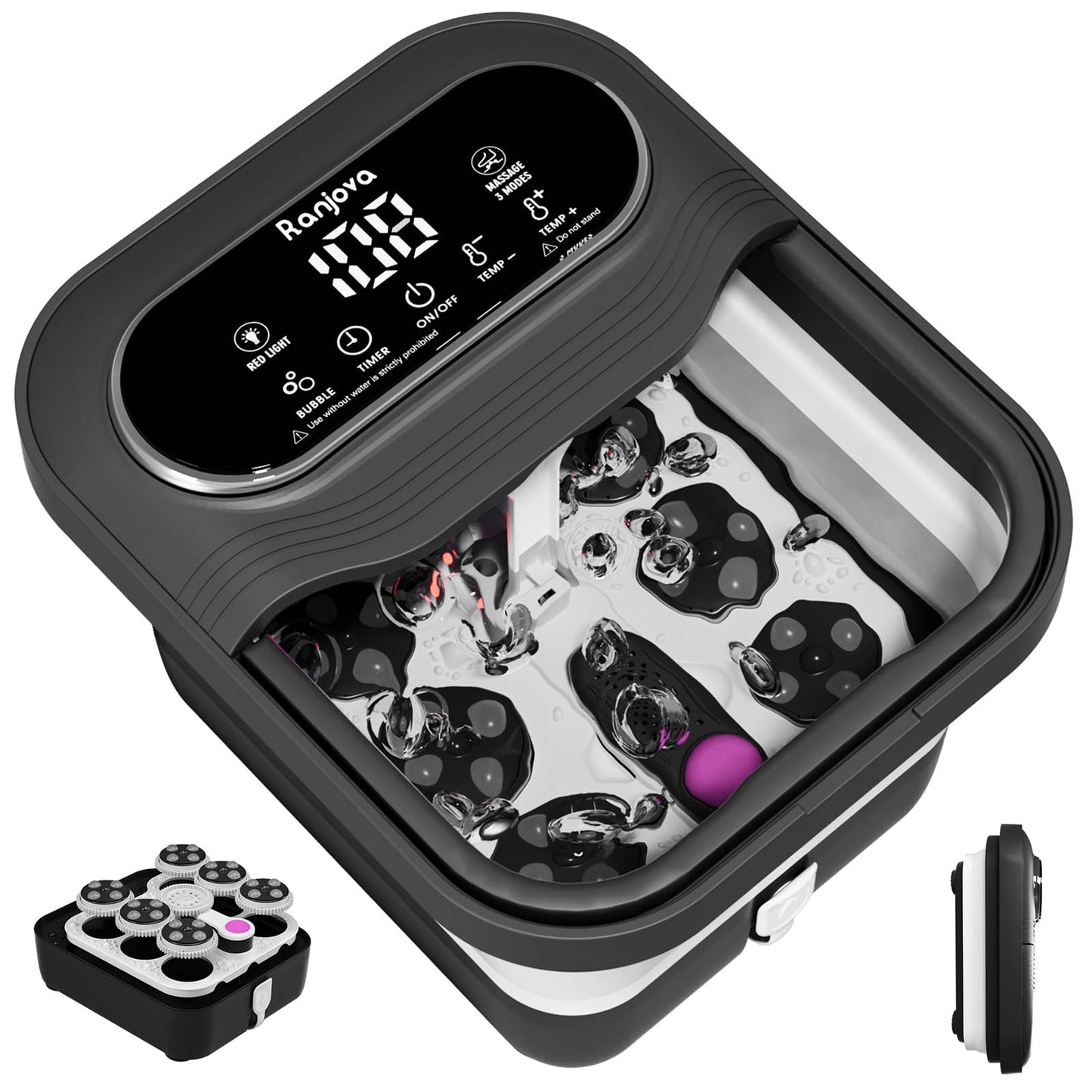 Collapsible Foot Spa Electric Rotary, Foot Bath with Heat, Bubble,Temp Control, and 24 Motorized Shiatsu Massage Balls, Pedicure Foot Spa Tub for Stress Relief (Black)