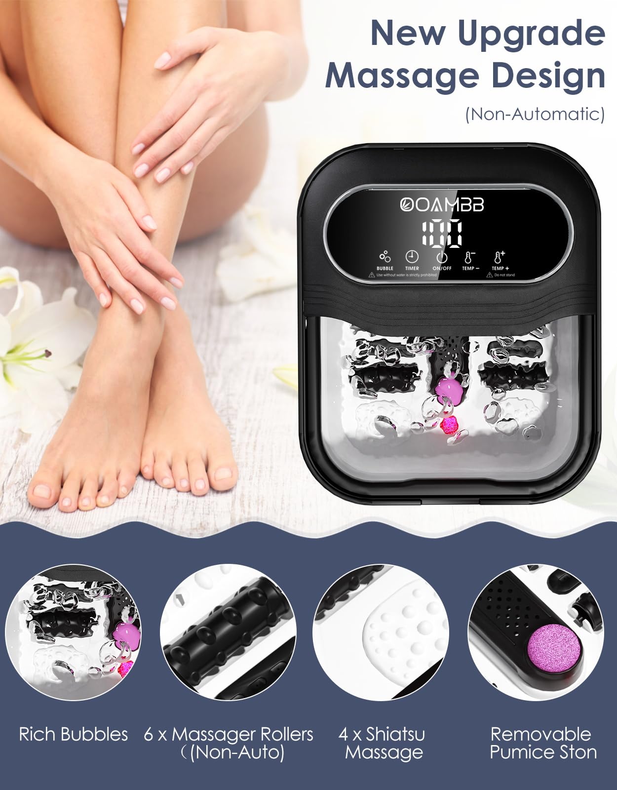 Collapsible Foot Spa with Heat, Bubble and Temp Control, Foot Bath Massager with XL Touch Screen and Massage Rollers, Foot Soaking Tub, Pedicure Foot spa for Stress Relief (Grey)