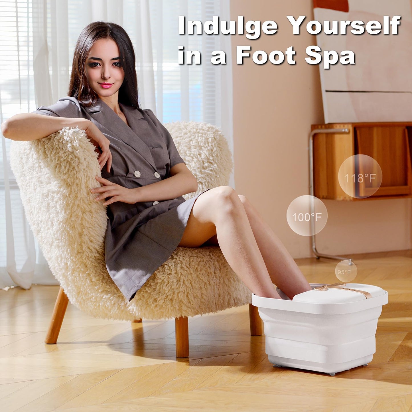 Collapsible Foot Bath Spa with Heat and Massage Rollers, Foldable Foot Soak Tub with Bubbles Jets and LED Light, Pedicure Foot Spa Massager with Foot Scrubber for Home Use (Pink)