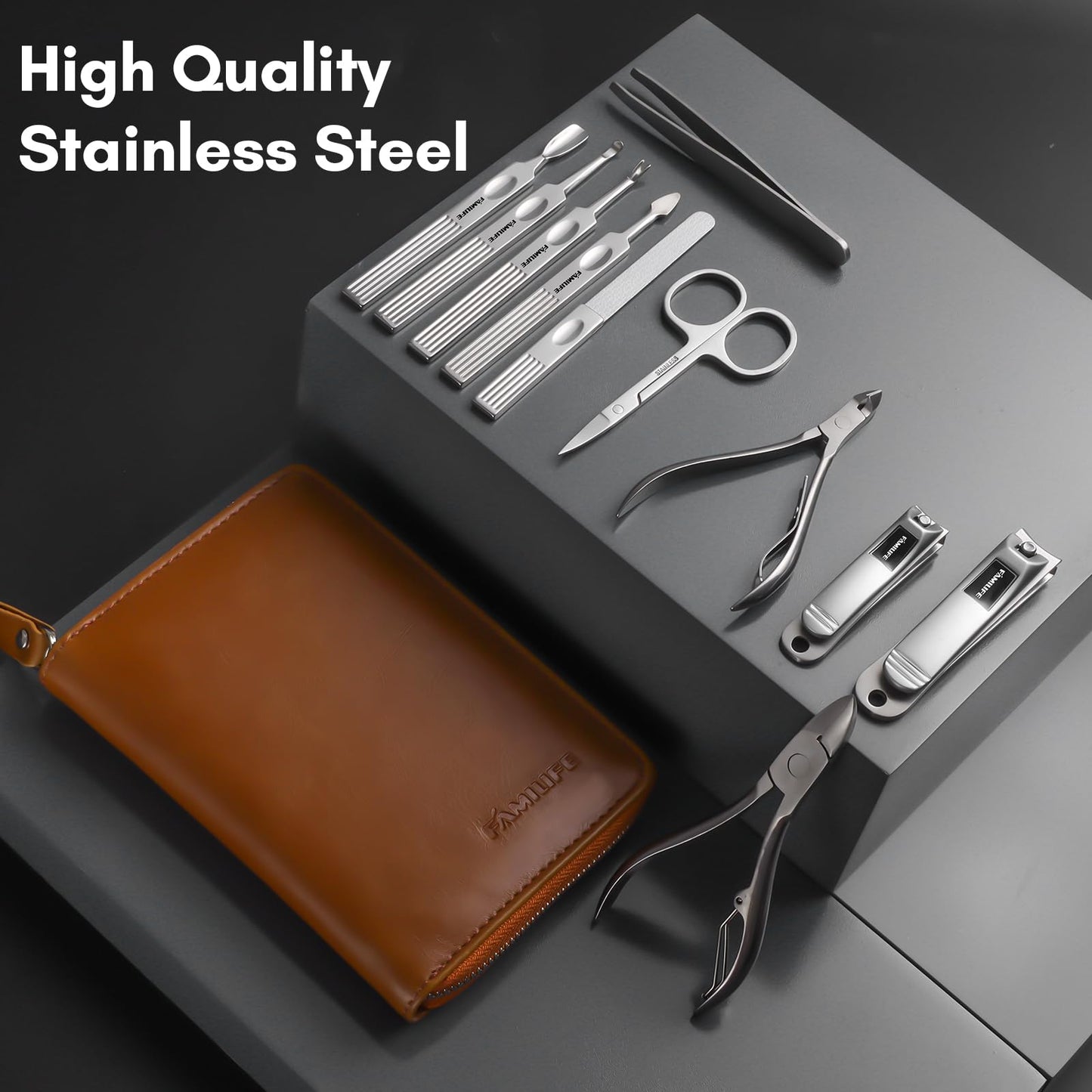 FAMILIFE Manicure Set, Nail Clippers Set Professional Manicure Kit 11 in 1 Stainless Steel Pedicure Tools Nail Kit Mens Grooming Kit with Portable Leather Travel Case Dark Violet Birthday Gifts