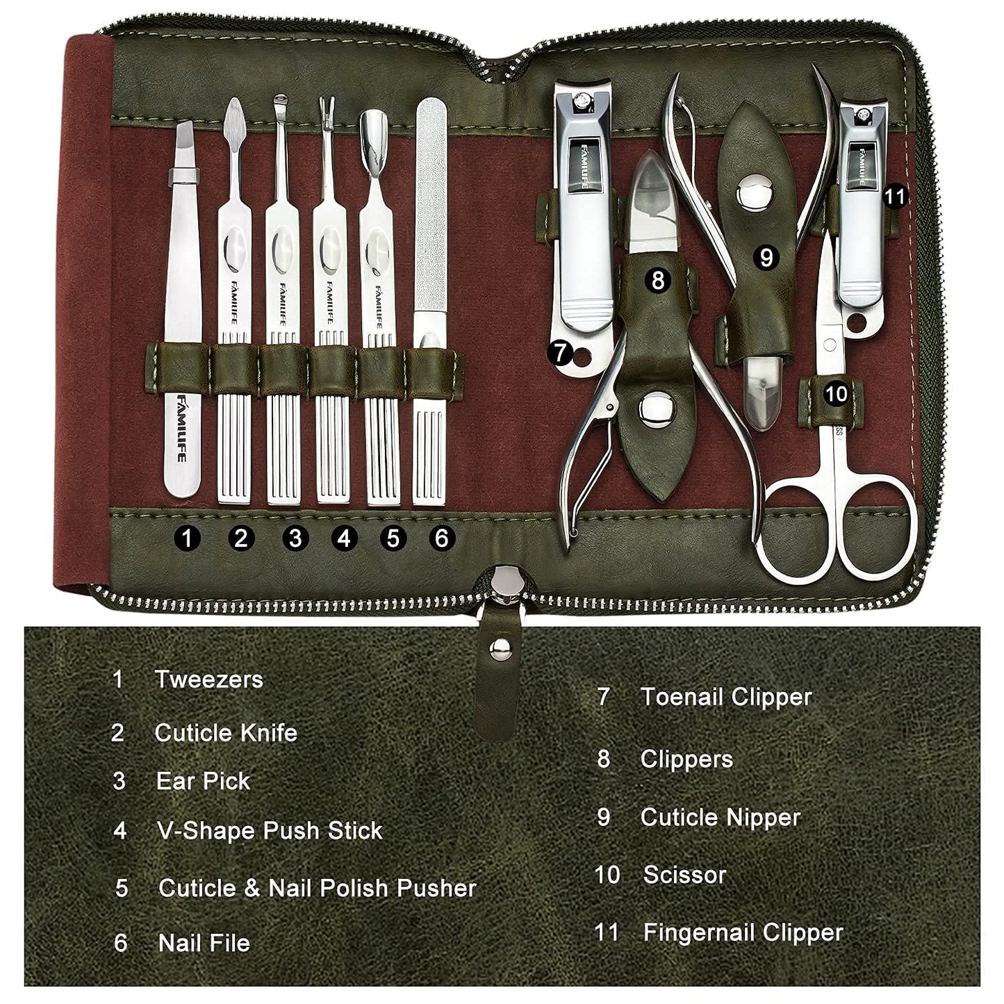 FAMILIFE Manicure Set, Nail Clippers Set Professional Manicure Kit 11 in 1 Stainless Steel Pedicure Tools Nail Kit Mens Grooming Kit with Portable Leather Travel Case Dark Violet Birthday Gifts