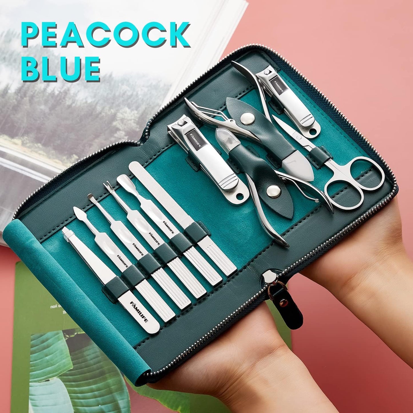 FAMILIFE Manicure Set, Nail Clippers Set Professional Manicure Kit 11 in 1 Stainless Steel Pedicure Tools Nail Kit Mens Grooming Kit with Portable Leather Travel Case Dark Violet Birthday Gifts